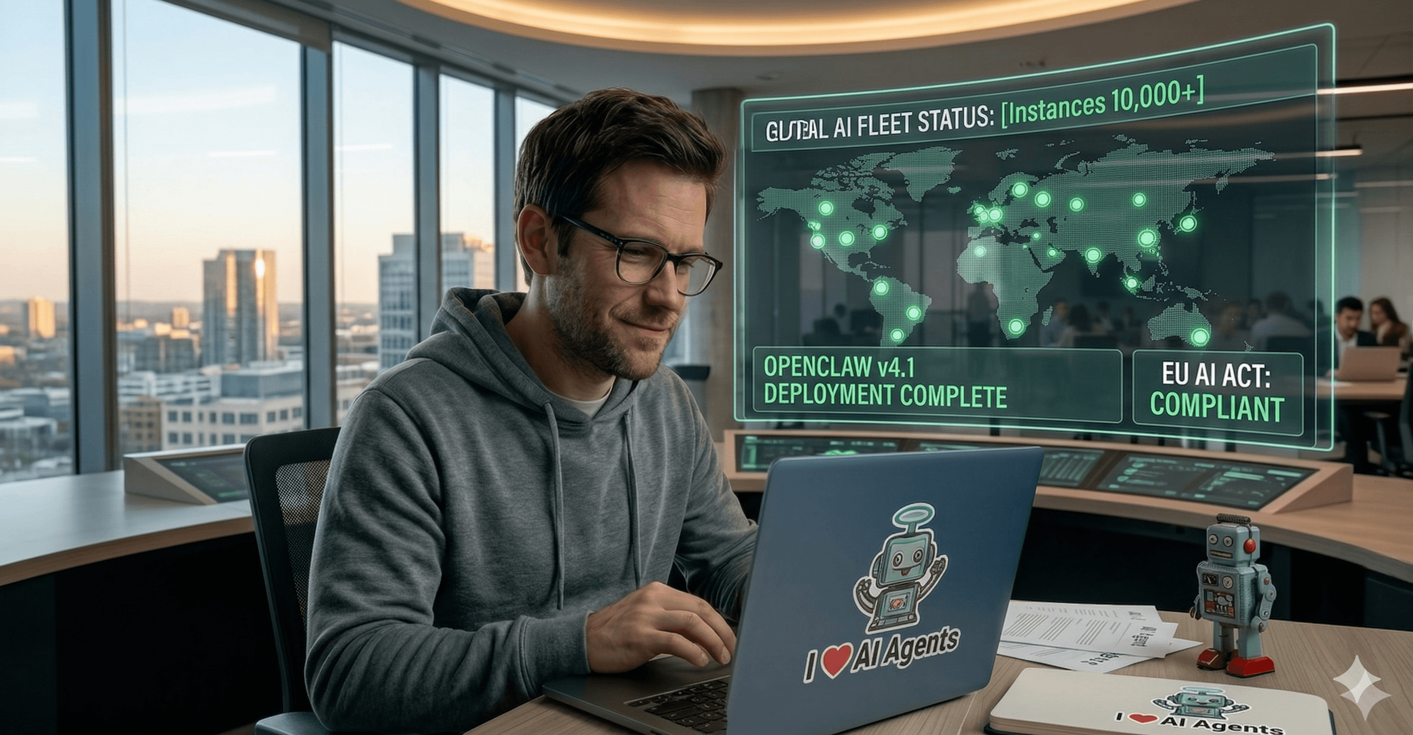 AI-compliant business professional with global AI fleet status