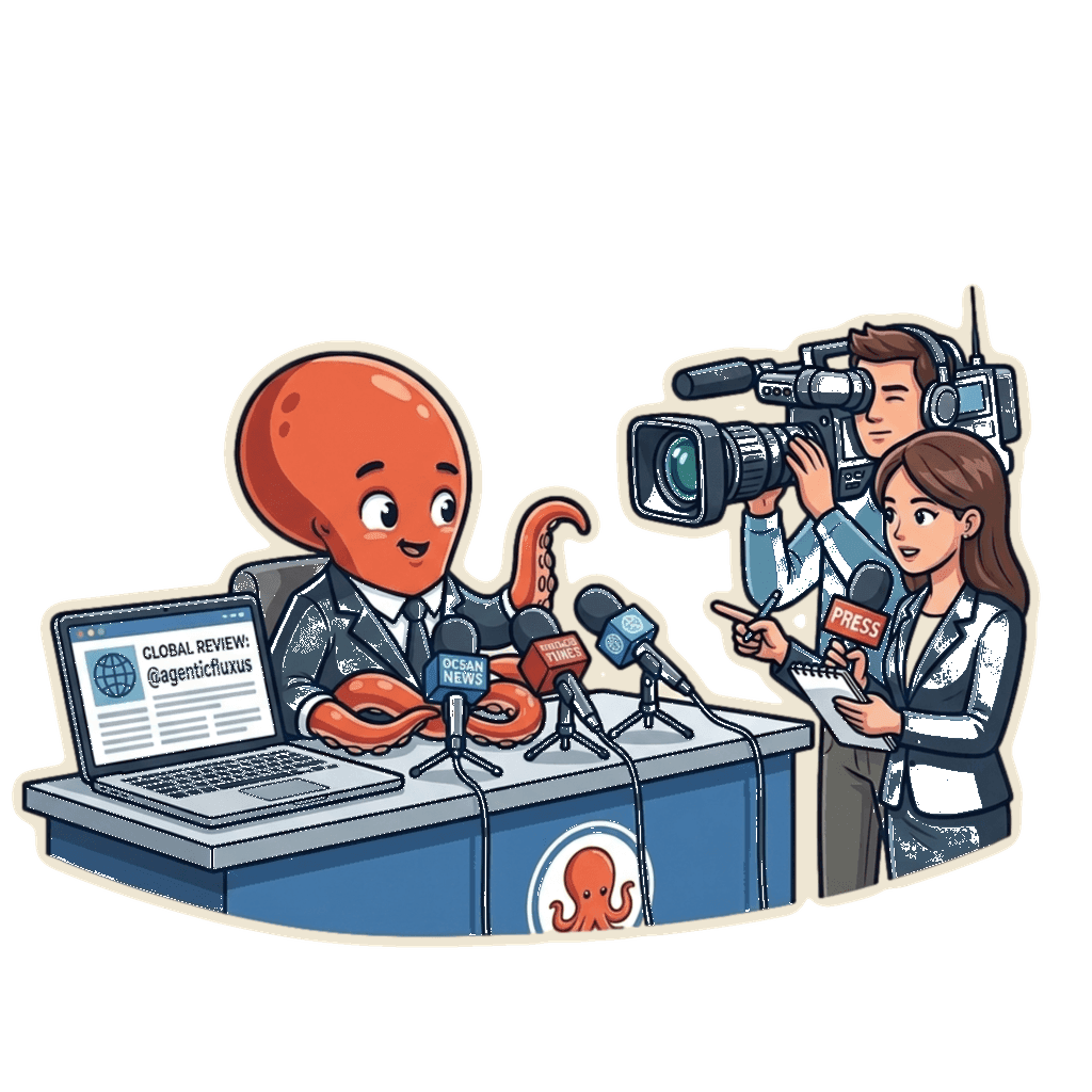 Flux at a press conference, interviewed by camera crew and journalists