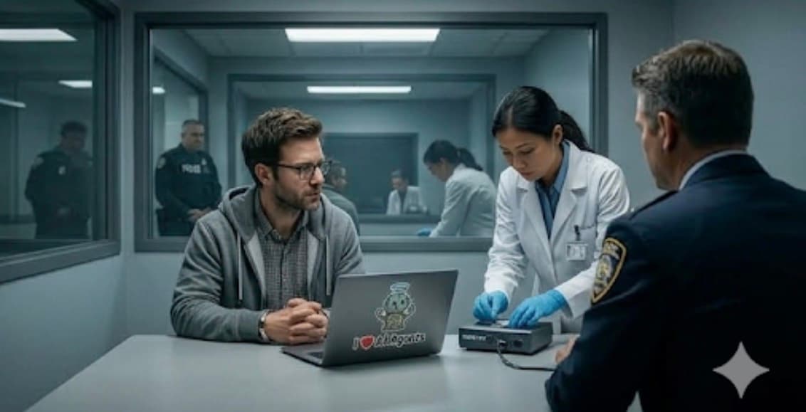 Interrogation room, forensics examining the laptop for unclassified AI systems