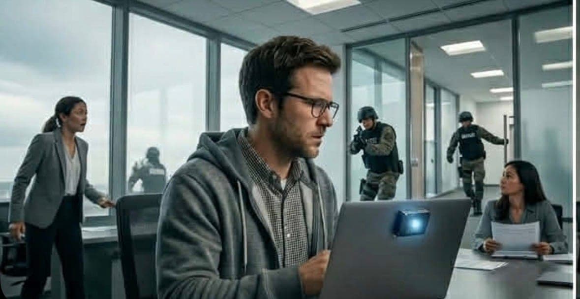 SWAT team visible through the office glass. Turns out the EU AI Act applies to AI agents too.