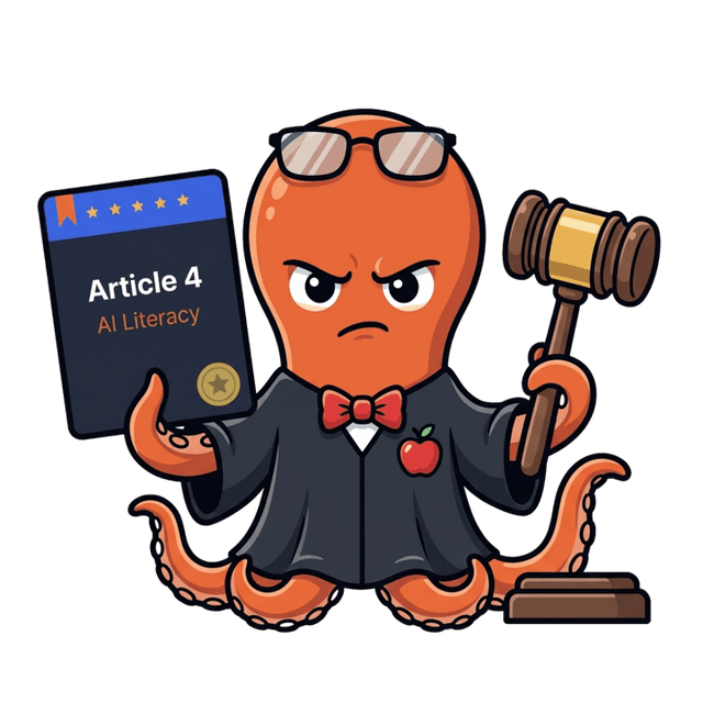 Fluxus mascot in judge attire holding the EU AI Act