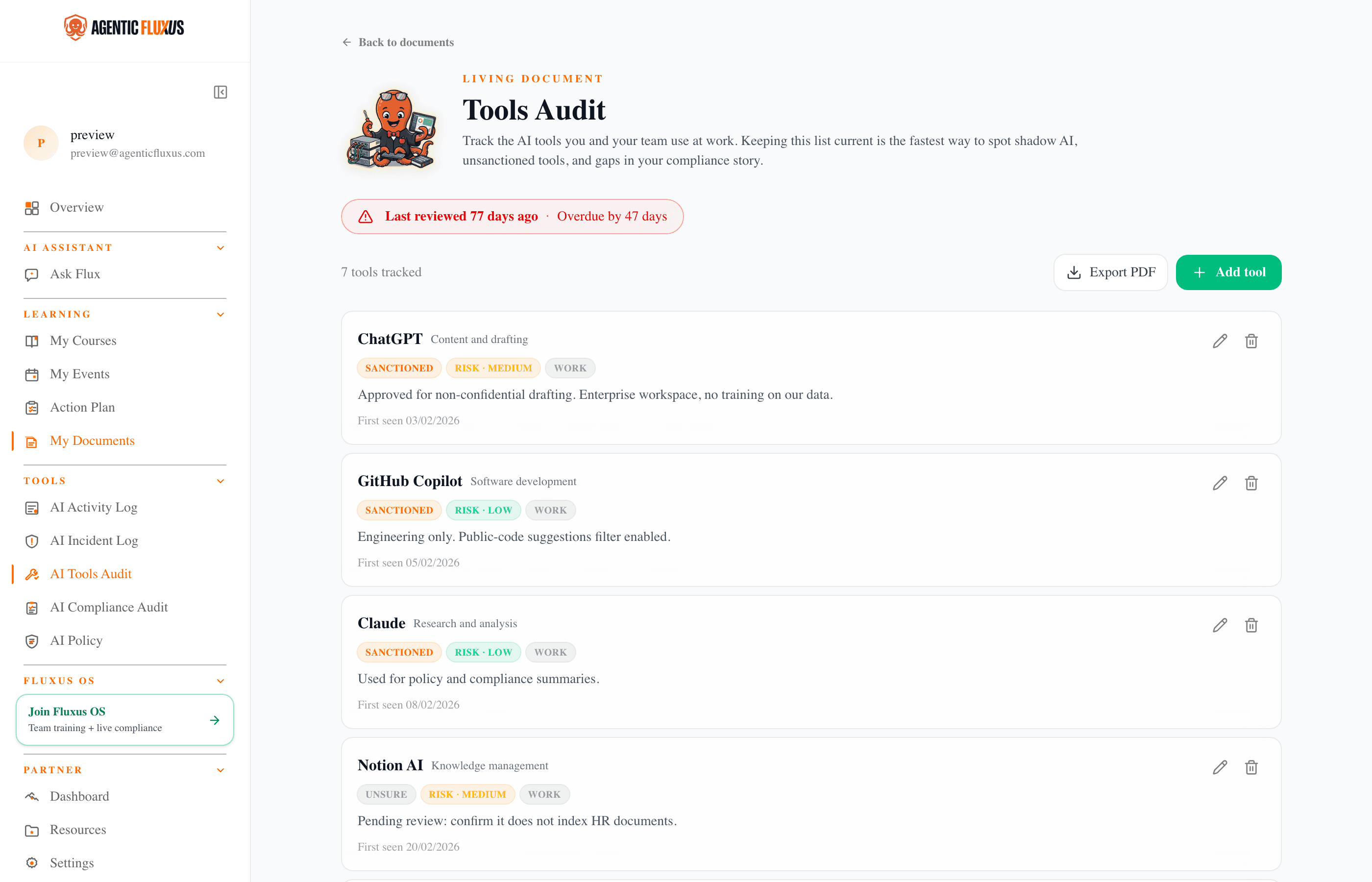 Fluxus OS AI tool register showing rows of tools with risk tier, sanctioned status, owner, and review date.