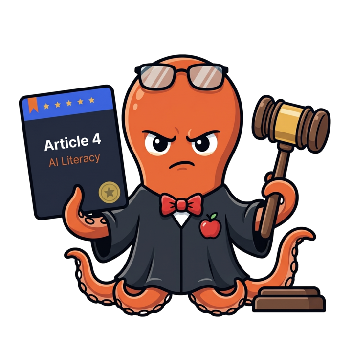 Fluxus mascot in judge attire holding the EU AI Act